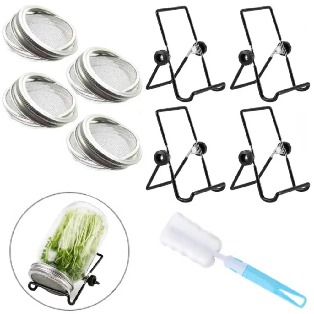 9 Pcs Seed Sprouting Kit,Including 4 Stainless Steel Sprouting Jar Lids (Excluding Jars) and 4 Sprouting Brackets,1 Cleaning Brush,Ideal for Growing Organic Sprouts,Tools & Hardware,Summervibes