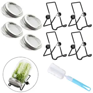 9 Pcs Seed Sprouting Kit,Including 4 Stainless Steel Sprouting Jar Lids (Excluding Jars) and 4 Sprouting Brackets,1 Cleaning Brush,Ideal for Growing Organic Sprouts,Tools & Hardware,Summervibes