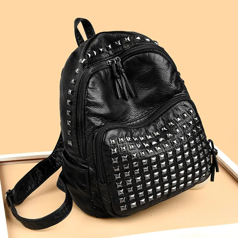 Unisex Waterproof PU Leather Studded Look Large-Capacity Backpack - Functional Luggage Pack with Single Handle Strap for Computer Travel