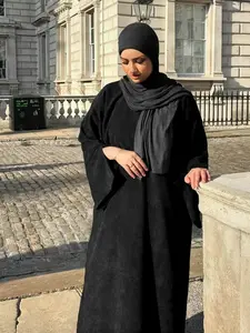 Women's Solid Corduroy Arabian Dress - Split Sleeve Modest Design without Hijab, Long Sleeve Round Neck Robe for Daily Wear, All Seasons Islamic Clothing for Muslim Women, Modest Style Dress