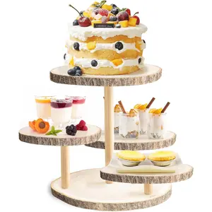 4 Tiered Round Cake and Cupcake Stand Combo for Birthday Party Decor, Rustic Wooden Cupcake Tower Stands for 50 Cupcakes, Farmhouse Cupcake Tier Stand Display for Wedding  Shower  Party