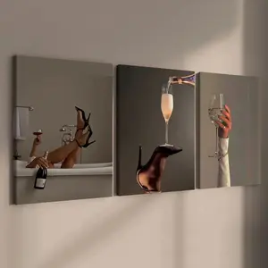 3 count wooden frame canvas, Elegant female figure poster, Luxury Champagne Figure Decoration, Stylish bedroom Decoration, Modern Art Home Decoration, Living Room and Corridor wall Decoration, Indoor Decoration, HD, waterproof, Art, Western Wall Art