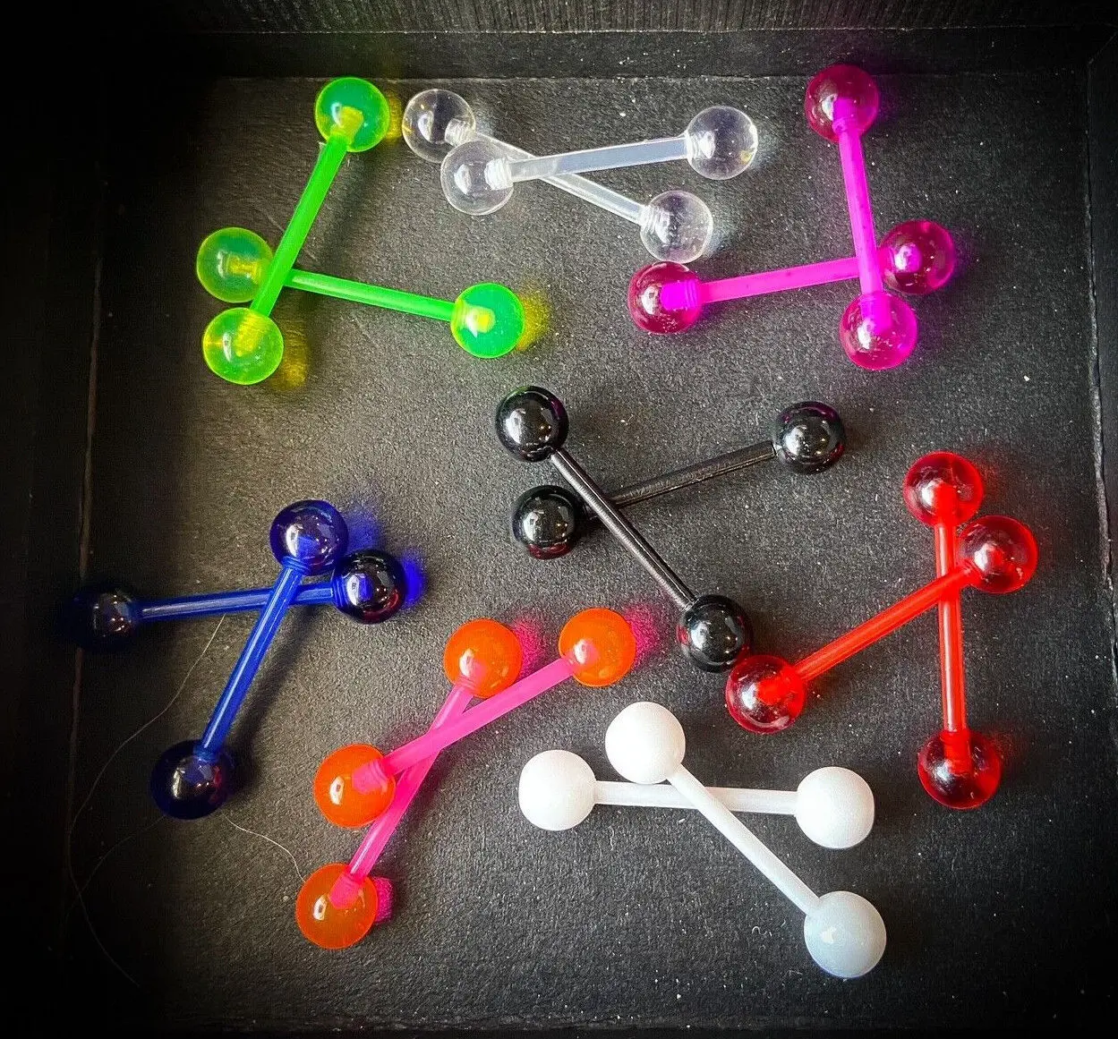 PAIR Flexible Barbell Nipple or Tongue Rings PTFE Transparent Balls NO METAL