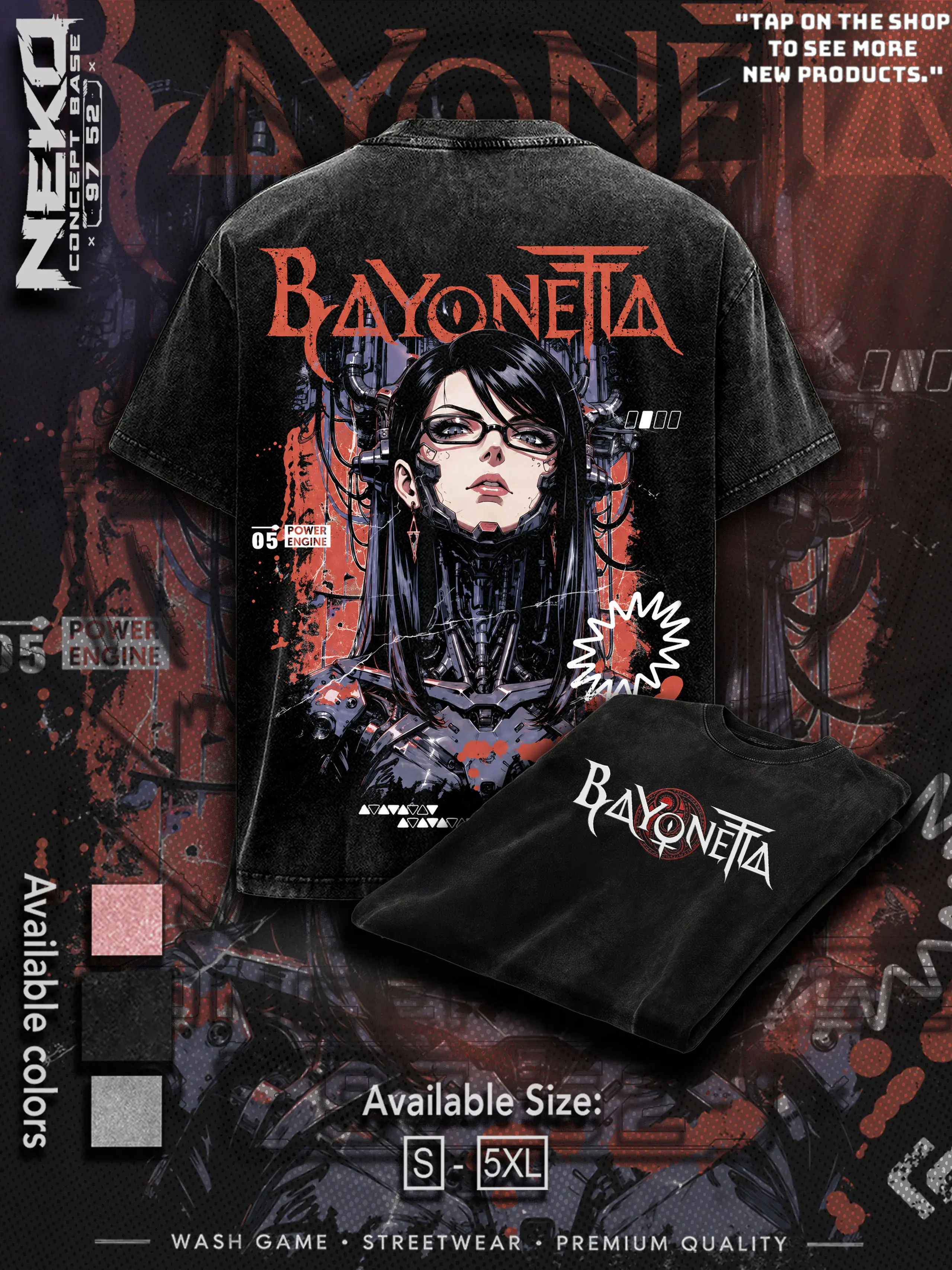Bayonetta Cyberpunk Anime Washed Tee, Vintage Streetwear Graphic T-shirt, 90s Retro Anime Oversized Apparel, Unisex Premium Heavyweight Cotton Loose-Fit Men's T shirts, Trendy Summer Outfits Casual Tops