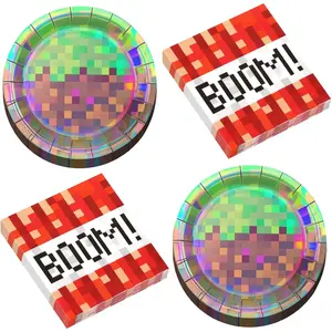 50Pcs Iridescent Pixel Party Plates and Napkins Set Video Game Disposable Tableware Set Pixel Dessert Plates Gaming Party Supplies Birthday Decorations for Kids Baby Shower Teen Gamer Serve 25