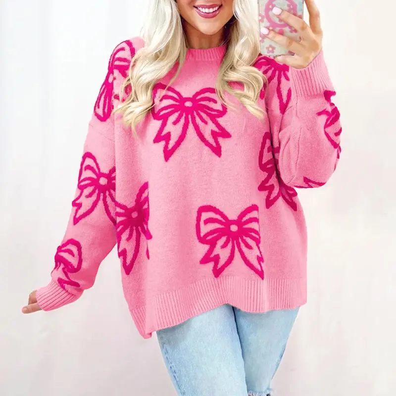 Women's Bow Print Knit Sweater, Casual Pink Round Neck Pullover with Drop Shoulders and Long Sleeves, Loose Cut for Valentine's Day, Lady, Longsleeves, Knitwear