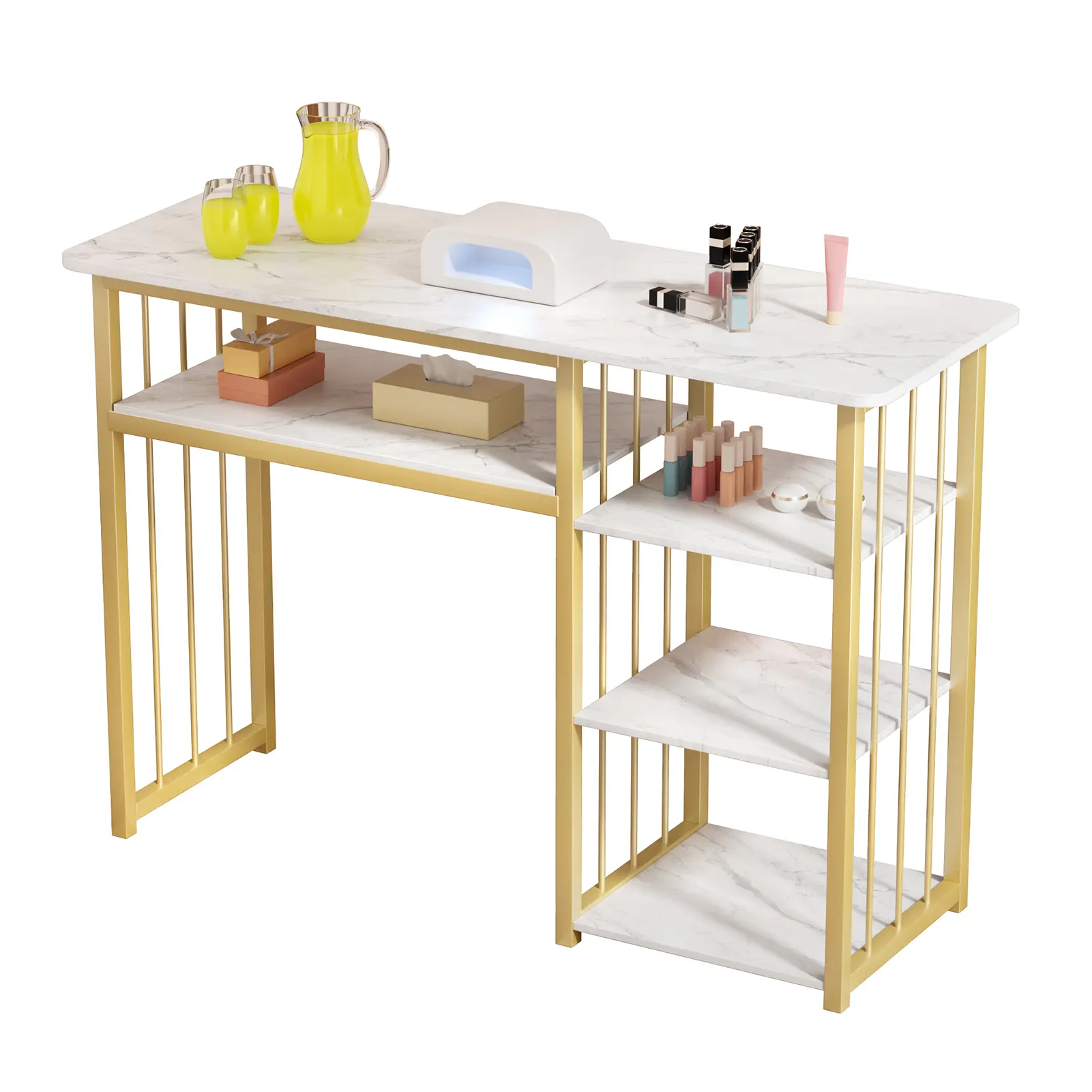 Commercial Salon Sturdy Portable Nail Table Furniture - 3-Tier Open Shelves, Rectangular Top, Metal Legs, Marble Texture, Quick Setup, Density Board Build, for Commercial Beauty & Home Storage Needs, Organize