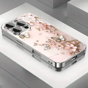 Butterfly Floral Personality High-end Pattern Glass Electroplated Phone Case with Lens Protection for iPhone 16/16Pro/16ProMax/16Plus/15/15Plus/15Pro/15Promax, 14/14Plus/14Pro/14Promax, 13/13Pro/13Promax, 12/12Pro/12Promax, 11/11Pro/11ProMax, XR/Xs/XsMax,