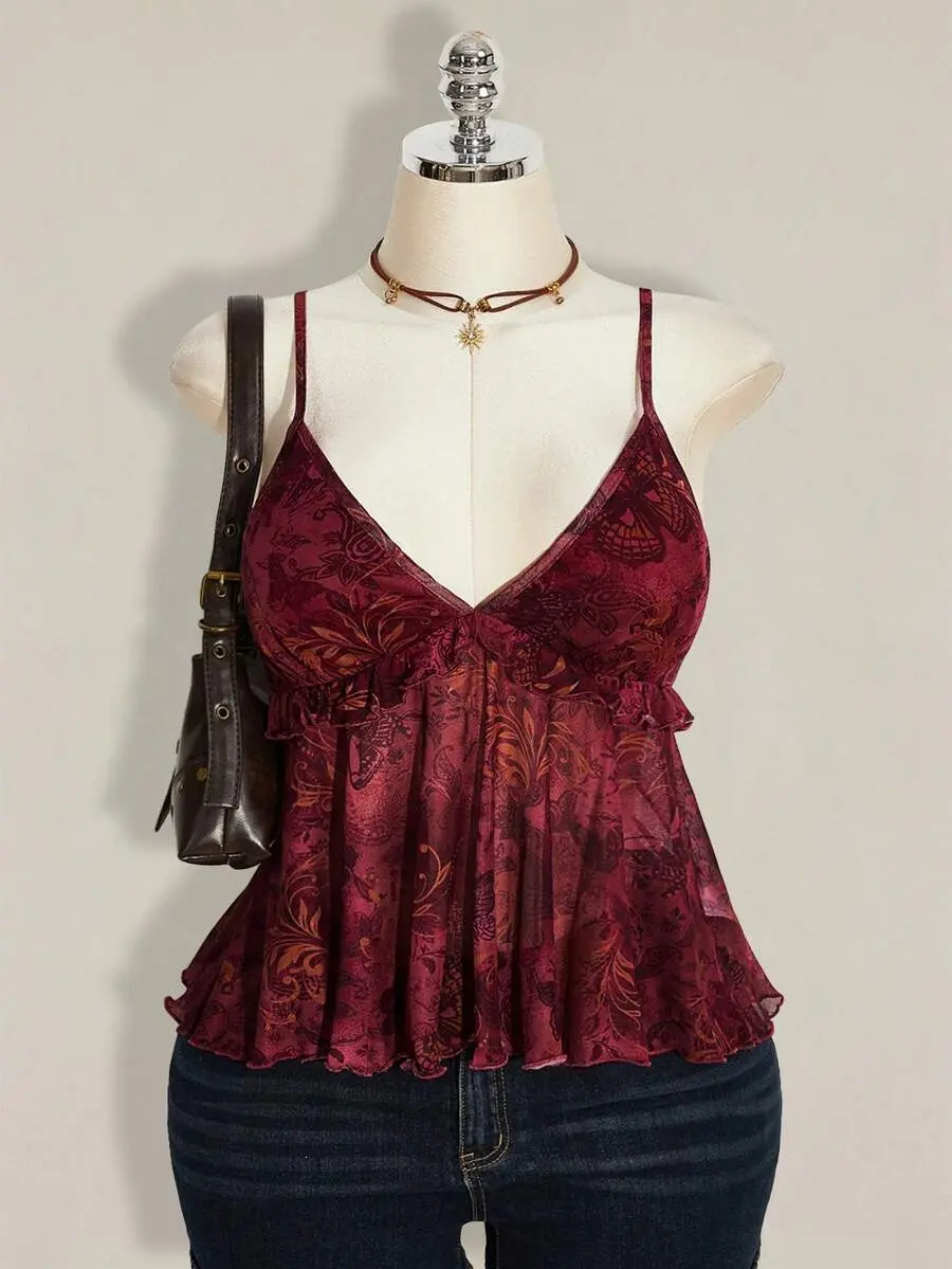 LUXE Plus Size Women Plant Print Ruffle Hem Camisole Tank Top For Holiday,Rave Top