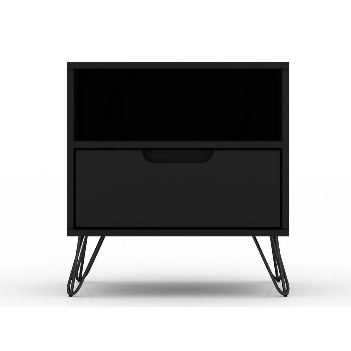 212 MAIN Rockefeller 1.0 Mid-Century Modern Nightstand - Bedroom Furniture, Living Room Side Table, 1-Drawer Storage with Cutout Handles, MDF Frame, Metal Legs, Open Shelf, Black, 21.65x20.08x17.62 in
