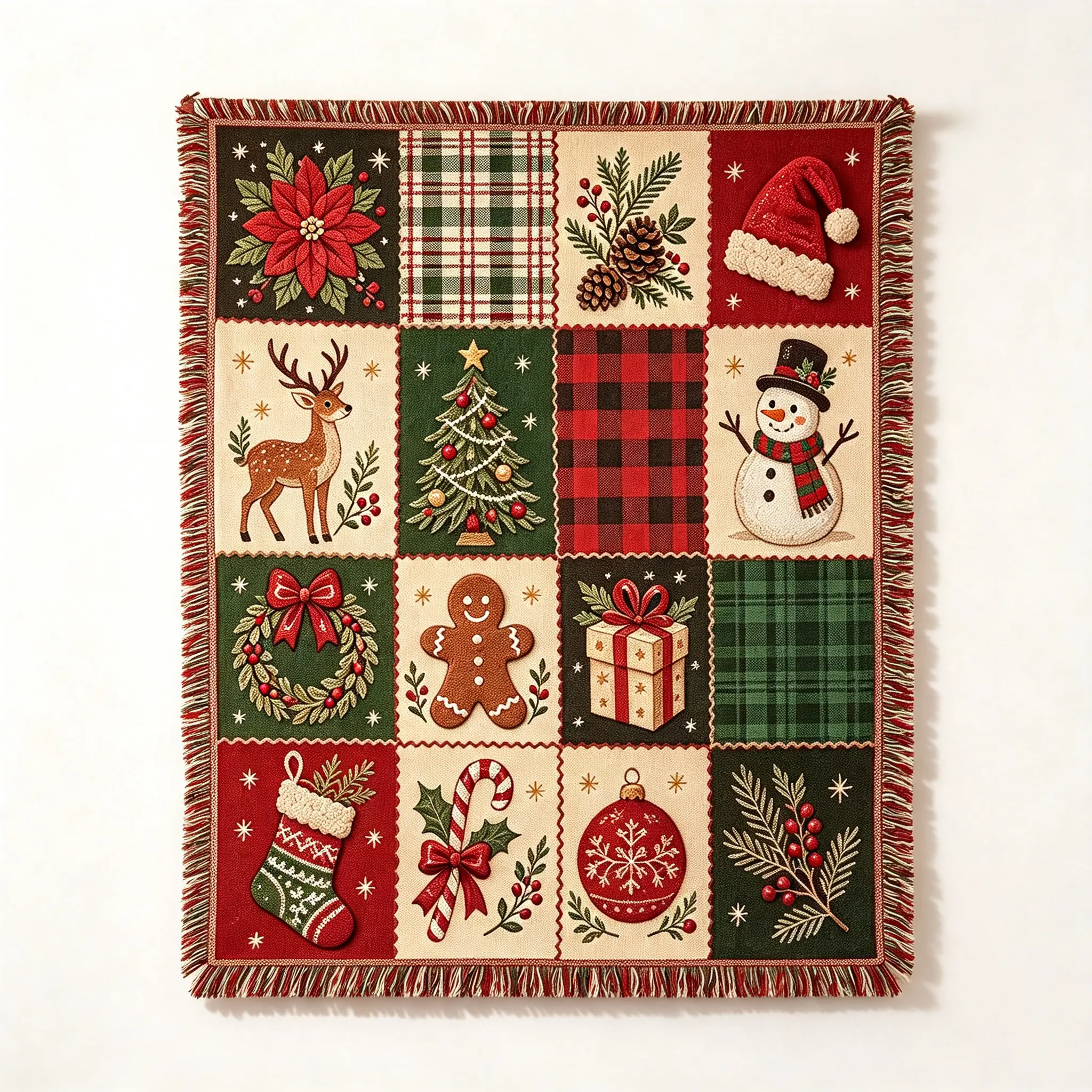 Christmas Patchwork Woven Throw Blanket with Tassels, Decorative Blanket, Multi-purpose for Sofa, Couch, Armchair, Home Decor, Outdoor Picnic, Camping