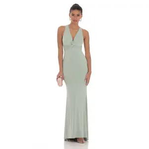 Lucy in the Sky Front Twist V-Neck Maxi Dress in Sage