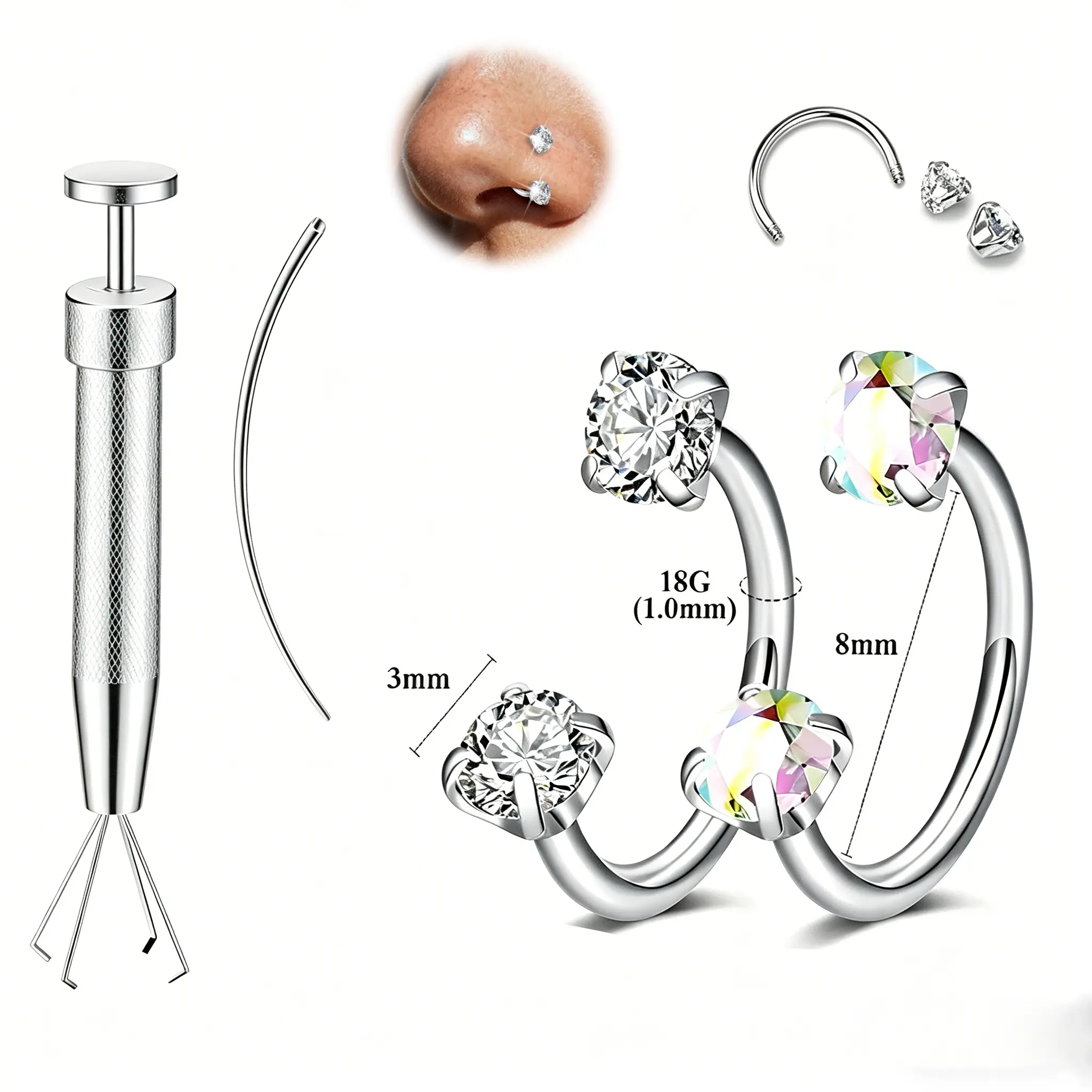 Unisex Surgical Stainless Steel Nose Piercing Kit - 2-Piece 20G 8mm Internally Threaded Screw Horseshoe Hoops with White+Colored Diamond Cubic Zirconia, Hypoallergenic Eyebrow Ring Jewelry with Ball Holder, [20G/0.8Mm]White Diamond+Colored Diamond