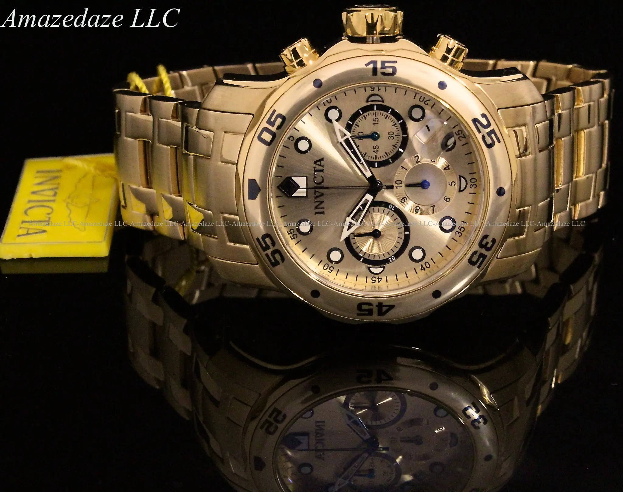 NEW Invicta Mens Pro Diver Scuba Chronograph Stainless Steel Golden Dial Watch