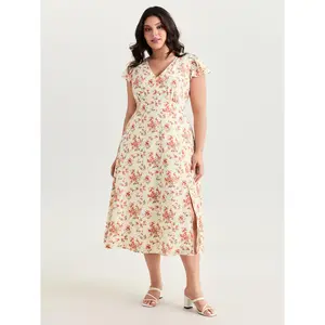 BLOOMCHIC Plus Size Floral Print Shirred Ruffled Sleeve Midi Dress [M-6X]2026 Summer Vibes Swimweek