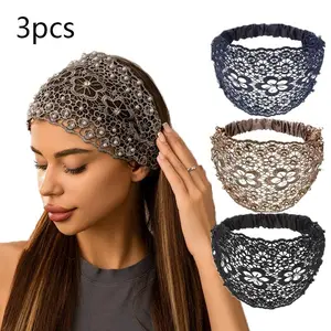 Rhinestone & Beads Decor Lace Wide Band Hairband, 3 Counts Hollow Out Flower Design Hair Band, Fashion Hair Accessories for Women & Girls, Sparkling Flower Headbands