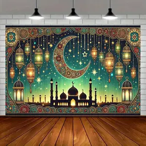 1PC,2D Flat Ramadan Tapestry Backdrop, Islamic Culture Moon Lantern Castle Wall Hanging, Bohemian Style Decorative Cloth for Bedroom & Living Room, Photo Background Cloth, Perfect for Ramadan Festi