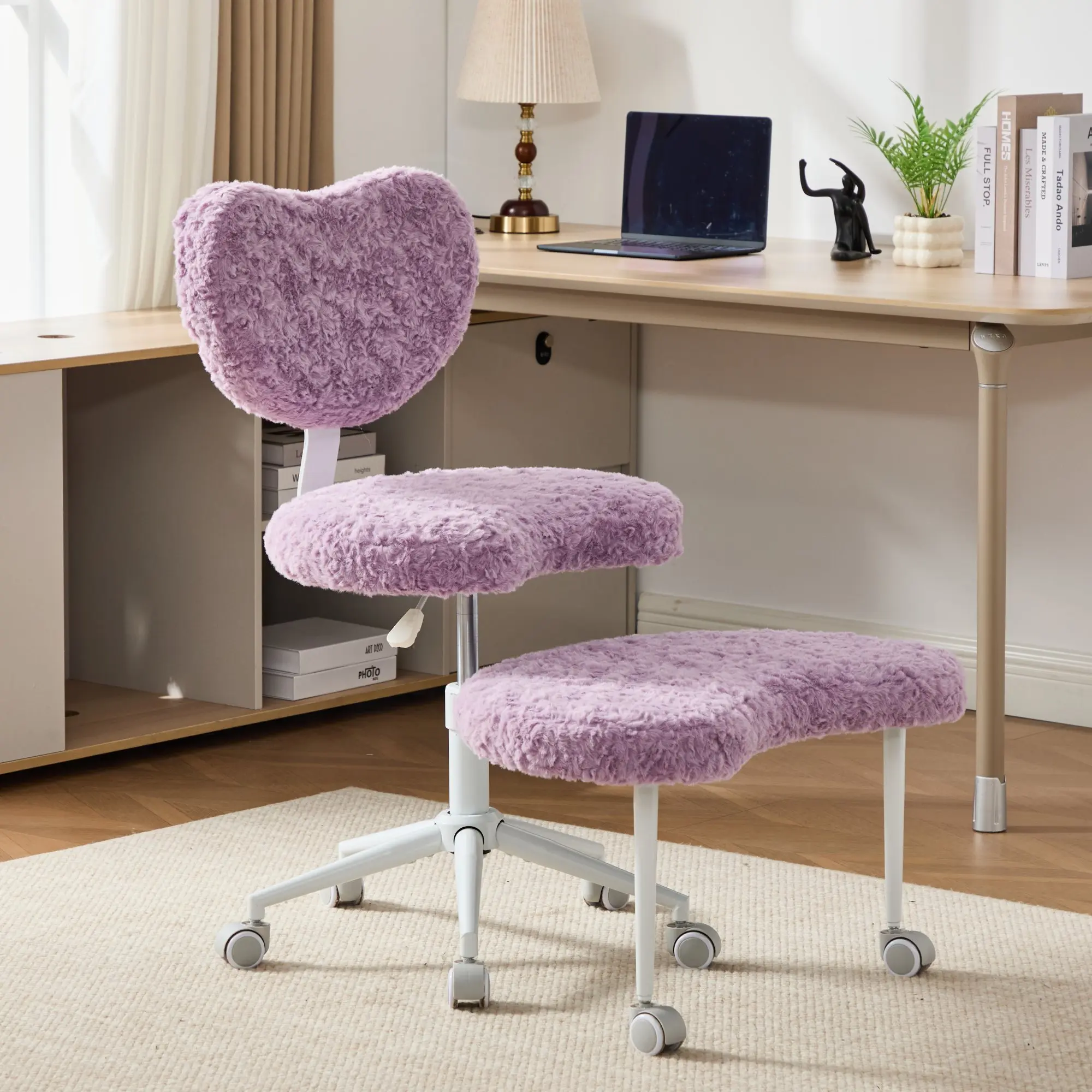 DOMISO Artificial Rabbit Hair Cross Legged Chair with Wheels, Meditation Chair Plus, ADHD Chair, Criss Cross Desk Chair with Lumbar Support and Adjustable Stool