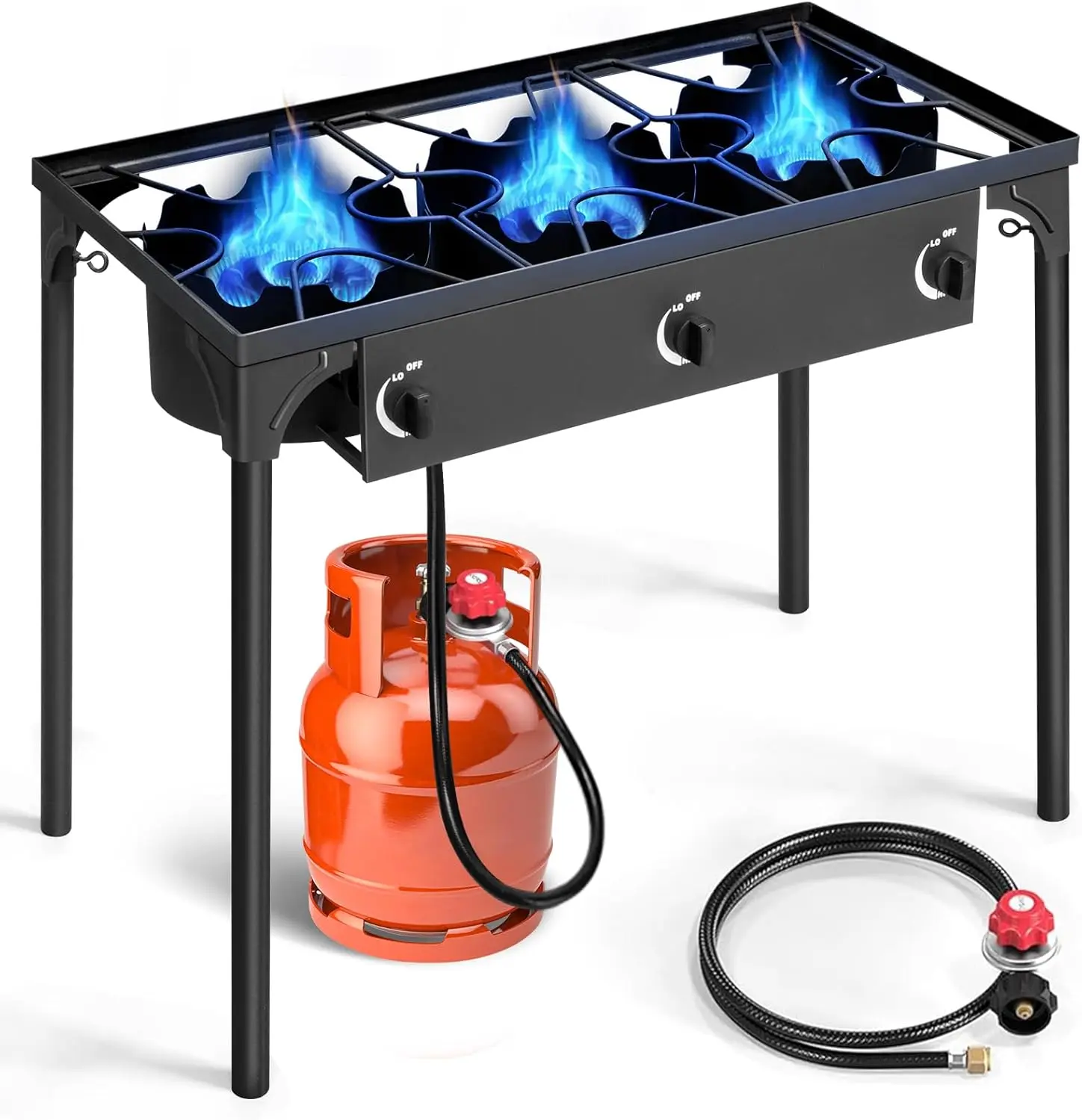 GEEKHOM Propane 3 Burner Camp Stove Outdoor High Pressure Propane 2 Burner Adjustable PSI Regulator and Steel Braided Hose With Removable Legs