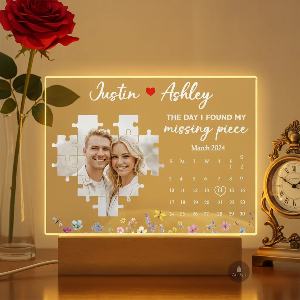 Custom Couple Photo Puzzle Night Light Personalized Valentine Gifts for Her Him Custom Name Zigzag Calendar Plaque Anniversary Gift Long Distance Relationship Gift Romantic Bedroom Decor