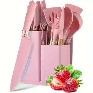 19 Piece Kitchenware Utensils and Knife Set-Includes:9 Piece Silicone Cooking Utensils-5PieceSharp Stainless Steel Chef Knives-Scissors-WhiskTongs and Cutting Board (Pink) Black。 pots pans set Cookware