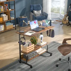 Rolling Standing Desk with Power Outlets, 32" Manual Height Adjustable Mobile Computer Desk with Wheels, Small Portable Sit Stand Laptop Couch Table for Bed & Sofa Home Office