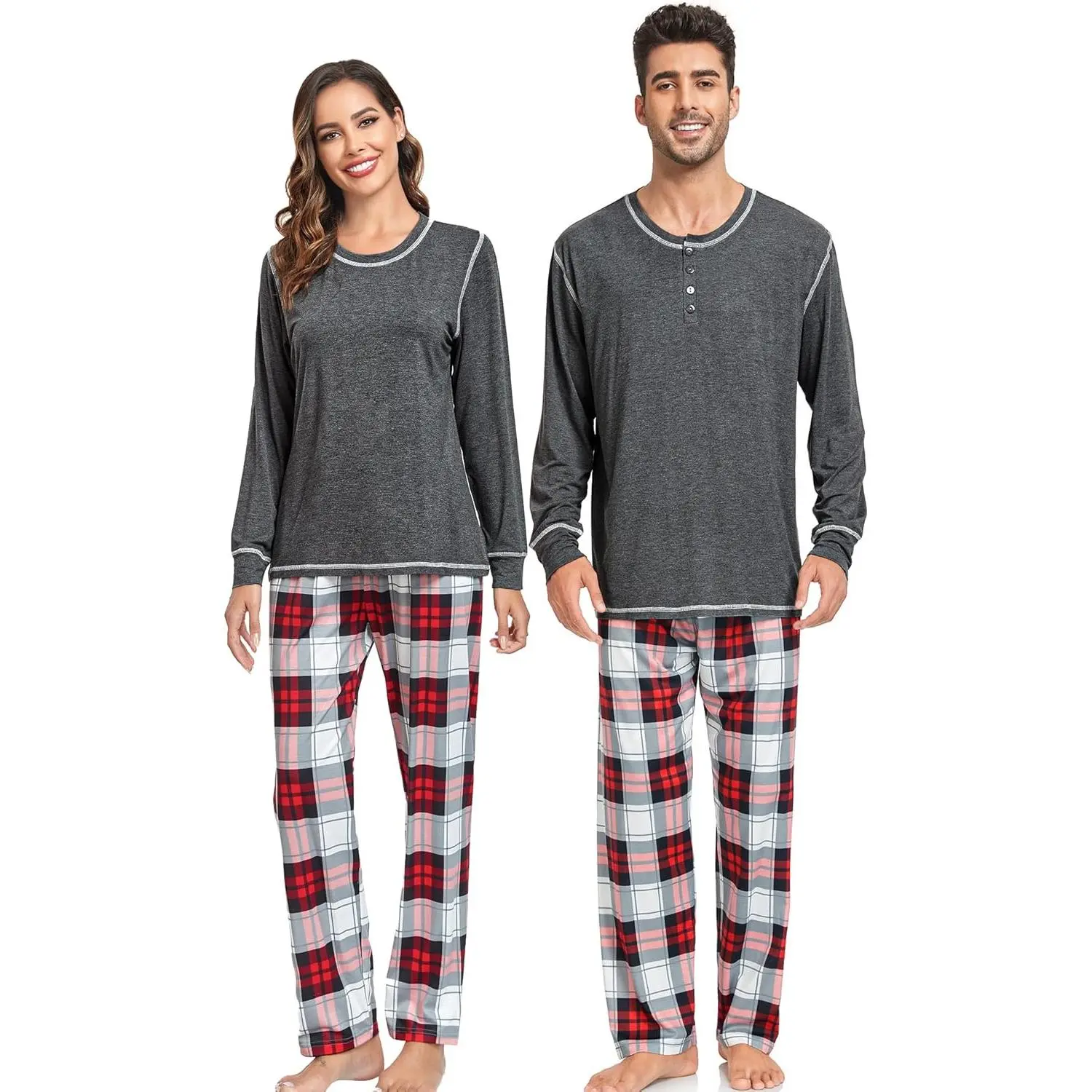 Pajama Set for Couples, Traditional Matching 2-Piece Christmas Nightwear with Comfy Long Sleeve Top and Elastic Waist Plaid Pants, Women, Fit, Longsleeves, Casual Wear