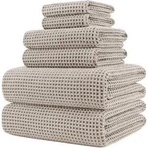 430 GSM Microfiber Quick Dry Lint Free Oversize Bath Towel Set, 6 Piece (Waffle Weave)