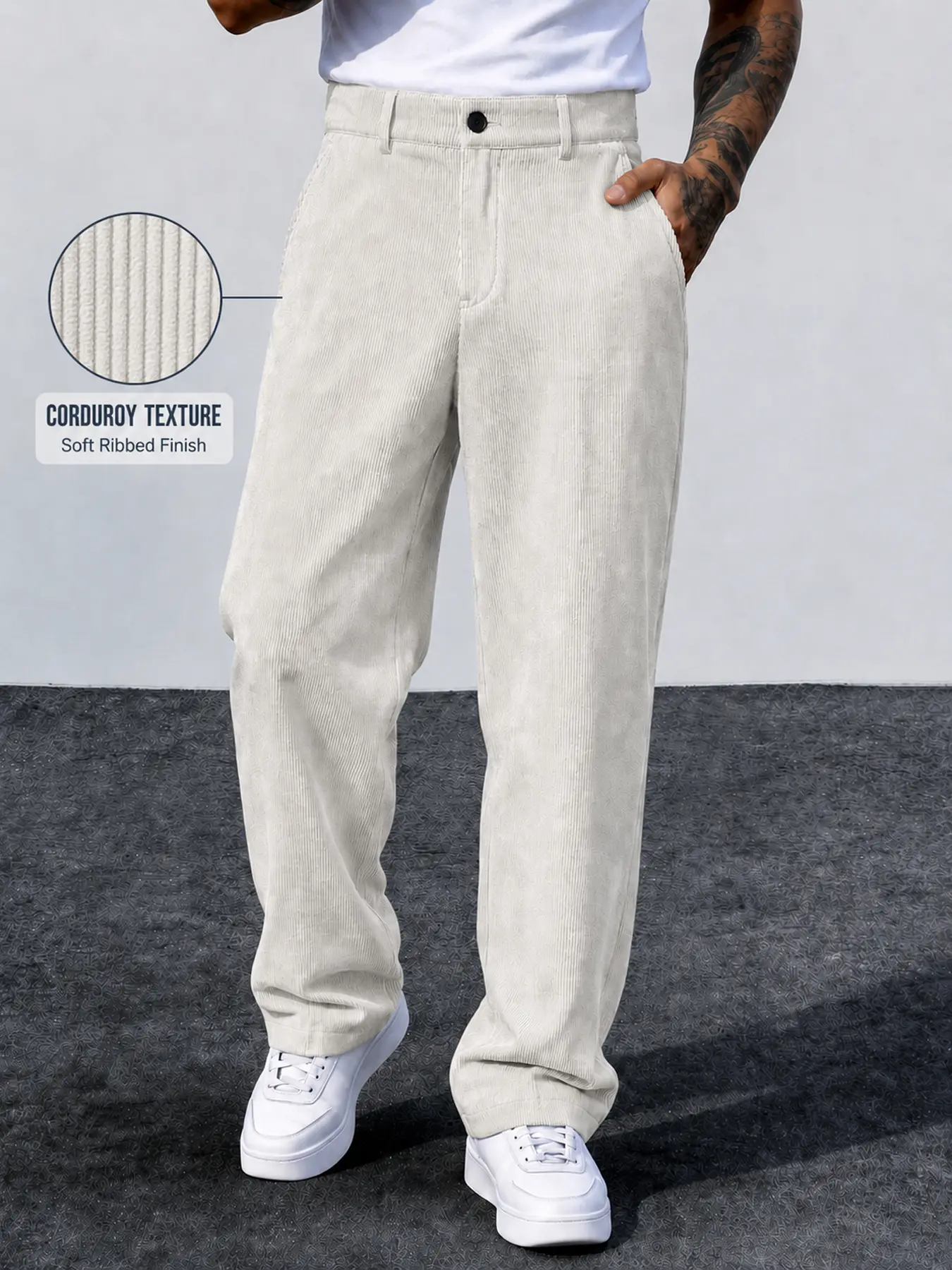 Men’s Corduroy Menswear Pants - Relaxed Straight Leg, Stylish Casual Trousers with Elastic Mid Waist, Side Pockets, 100% Poly Fabric, Everyday Streetwear Bottoms for Work, Travel