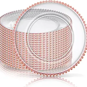 13 Inch Clear Plastic Rose Gold Charger Plates with Beaded Rim, Round Reusable Decorative Serving Plates Bulk for Wedding, Party & Tabletop Decor