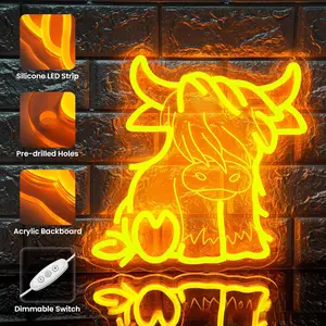 Highland Cow LED Neon Sign, USB Powered Adjustable Brightness Wall-Mounted Decorative Light for Home Bedroom Party Decoration Gift Idea, Christmas gift, Party Ambiance