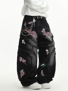 Vintage Retro Design Jeans, Loose-Fit Embroidered Floral Flower Patchwork, Street Style Long Pants for Men, No Belt Included