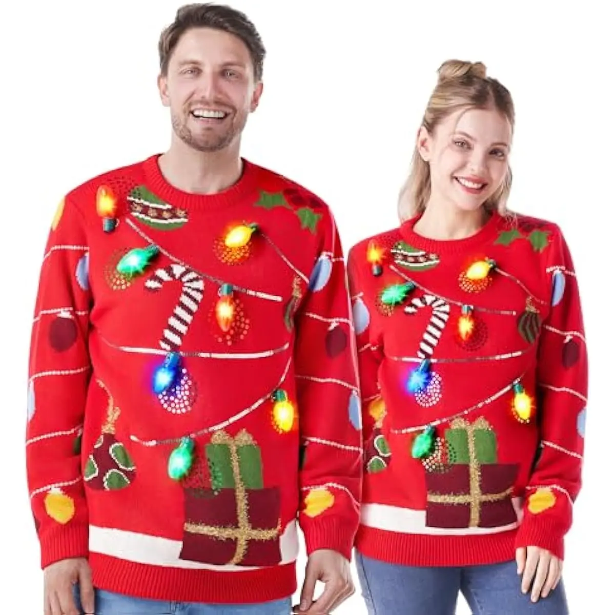 Ugly Christmas Sweater Women Men Couples, LED Light Up Ugly Christmas Sweater Kids 2025 String Lights(Red