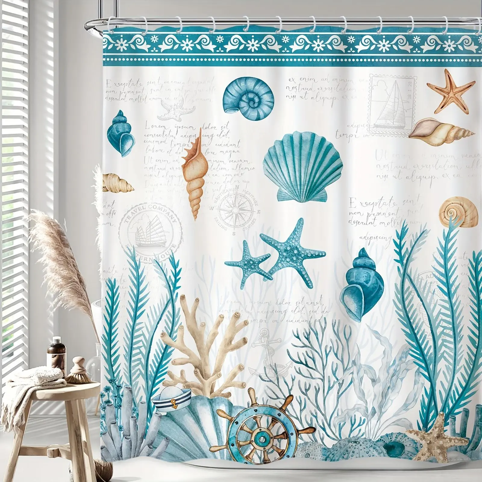Vintage Teal Polyester Beach Shower Curtain (1pc) - Rustic Ocean Nautical Coastal Retro Blue Starfish Seashell High-Quality Room Accessories Curtain with 7 Hooks