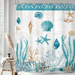 Vintage Teal Beach Shower Curtain (1pc), Rustic Ocean Nautical Coastal Retro Blue Starfish Seashell Modern High-Quality Curtain with 7 Hooks