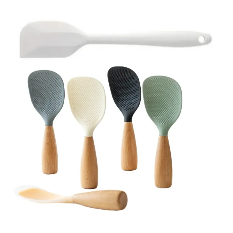 2-Piece Silicone Rice Paddle Set with Wooden Handle, Durable Heat-Resistant Kitchen Tools, Kitchen Utensils, Cooking Gadgets, Easy Clean Design for Non-Stick Skillets, Silicone Spatula Set, Kitchen Utensils Gadgets