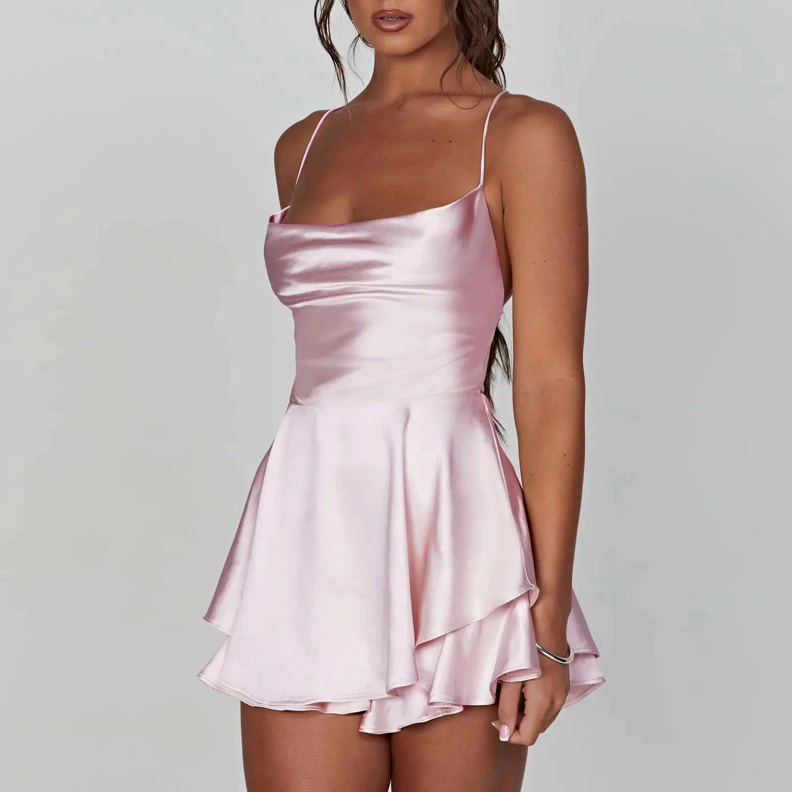 Y2k dress cute spaghetti strap flowy skirt Women Solid Color Cami Playsuits Cowl Neck Sleeveless Short Jumpsuits Summer Cross Tie-Up Backless Romper Clubwear
