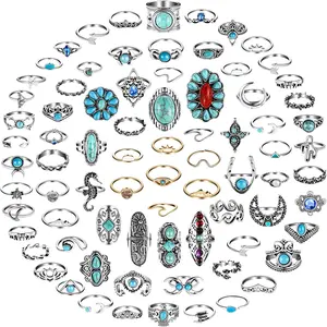 78 count Vintage Turquoise Rings Set Women Western Rings Bohemian Silver Oval Rings Boho Joint Knuckle Rings Midi Stacking Rings for Women