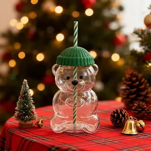 Viral Bearista Cold Cup for 2026 Holiday Collection Nostalgia Cute Bear Cup With Striped Straw 20oz High-Quality Glass Mug for Coffee Beers Wine Cocktail Drinks Teddy Bears Cup With Green Beanie-Style Lid