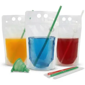 50pcs Drink Pouches with Side Straw Port, Resealable Drink Bag Set with Straws & Funnel, 17oz Clear Beverage Pouches for Juice, Smoothies, Cocktails & Slushies, Perfect for Parties, Camping, Festivals & Frozen Summer Drinks