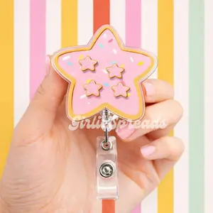 Pink Star Cookie Shaker Badge Reel – Pastel Sprinkle ID Holder – Kawaii Lanyard Clip