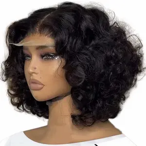 Short Bob Brazilian Body Wave 13x4 HD Transparent Lace Front Human Hair Wig Remy Wig Color #1 (10–16 Inches)