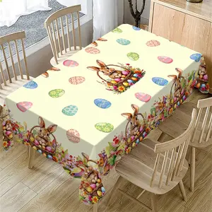 Rectangular Easter Tablecloth, Cartoon Rabbit & Egg Design, Spring/summer Floral Pattern, Perfect for Holiday/easter Decorations, Flower, Picnic Table Cover