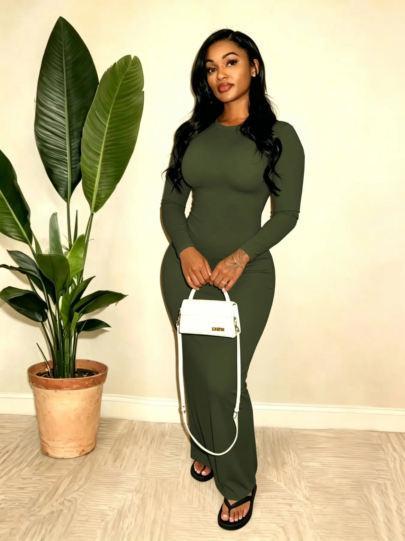 USBOUTIQUE CHIC Women's 2026 autumn and winter Long Sleeve Slim Fit Dress Stretchy Bodycon Maxi Dress