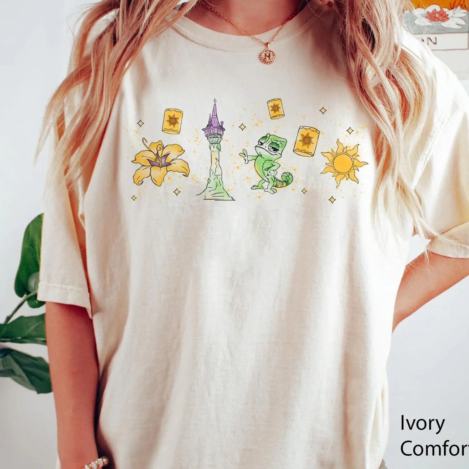 Youth & Adult Tangled Inspired Pascal Tower Lantern Flower T-Shirt, Minimalist Rapunzel Princess Graphic Tee, Magic Kingdom Family Matching Trip Outfit Gift