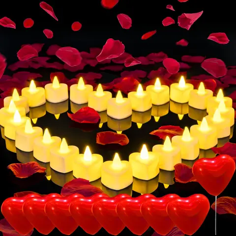 Romantic Night Decor Set for Her - 1000 Artificial Rose Petals, 30 Burgundy Heart Balloons, 24 Battery-Powered Heart Tea Lights, Easy Separate, Proposal Romance Valentine's Day Anniversary Gifts for Her,home decor