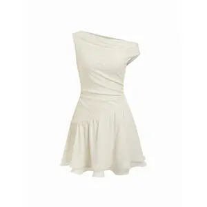 Cider Asymmetrical Neck Paisley Lace Ruched Flared Mini Dress