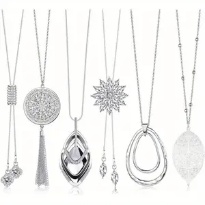 6PCS Long Pendant Necklaces for Women Knot Disk Circle Tassel Statement Sweater Necklace Set