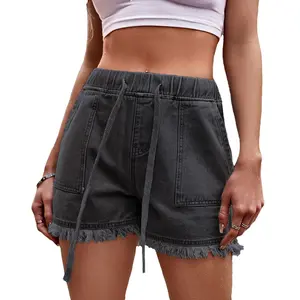 Summer Denim Shorts Ripped Fringe Jean Shorts Drawstring Elastic Wasit Shorts with Pockets Summer Casual Lightweight Shorts for Women,Dark Gray - L