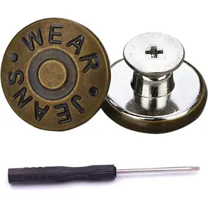 Jeans Buttons, 15 Sets 17mm No-Sew Nailess Removable Metal Jeans Button Replacement Repair Combo Thread Rivets and Screwdrivers
